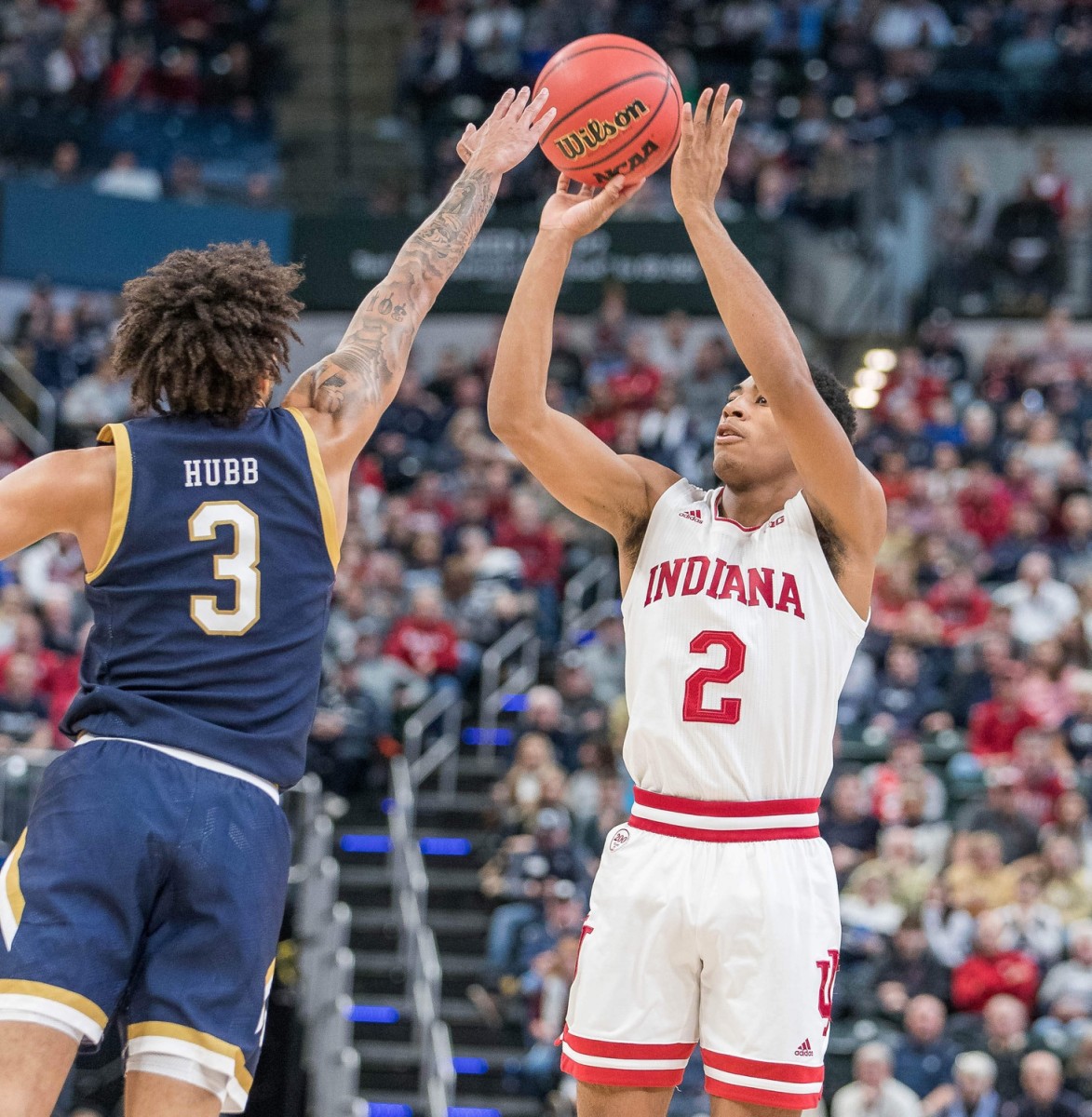 Indiana freshman Armaan Franklin (2) hits one of his four three-pointers against Notre Dame in December at Bankers Life Fieldhouse in Indianapolis. 
